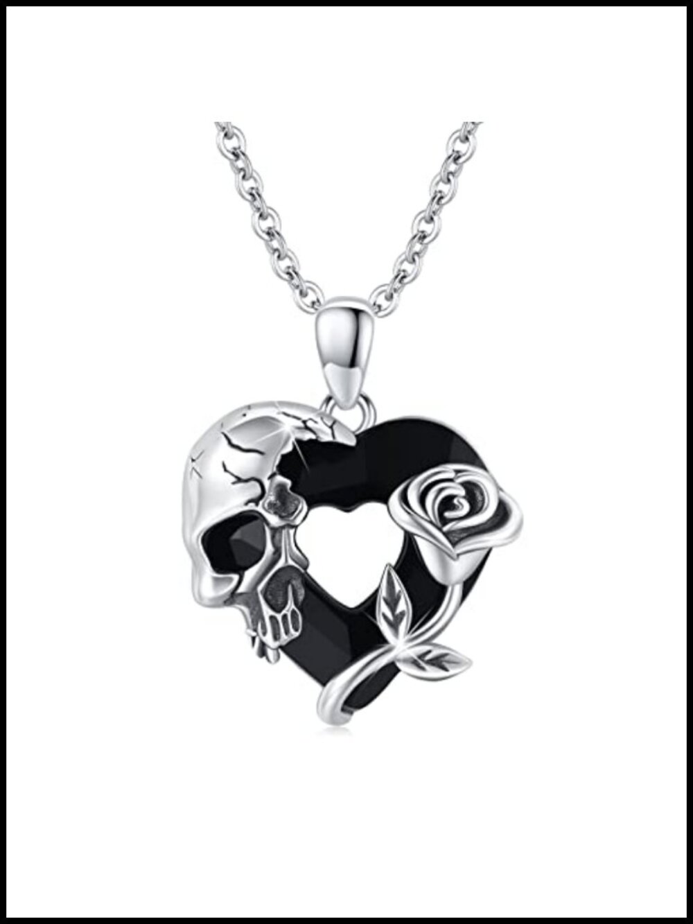 Sterling Silver Skull Necklace Gothic Pendant Rose Flower S925 Crystal